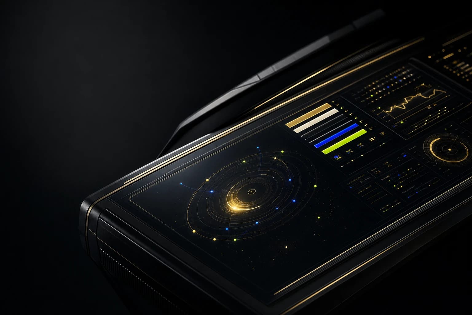 Dark control surface with orbital signals and trading strategy panels