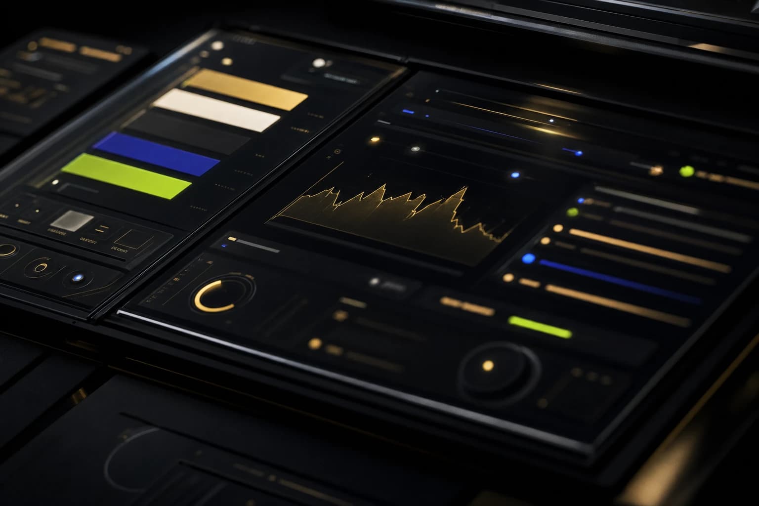 Angled dark console with abstract strategy controls and chart traces